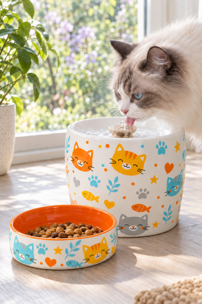 Pawicci Kedi Köpek Su Pınarı ve Mama Su Kabı 2'li Set Porselen Otomatik Filtreli Seramik Sebil 1.3 L LED Işıklı