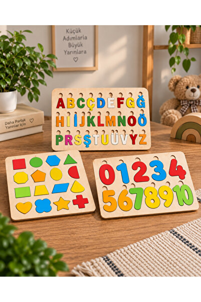 OYART&DESIGN Okul Öncesi Ahşap 3'lü Eğitici Oyuncak Seti Türkçe Alfabe Rakaml...