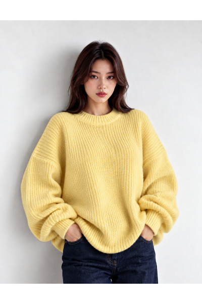 Kırlangıç Moda Sarı Oversize Bisiklet Yaka Kadın Triko Kazak