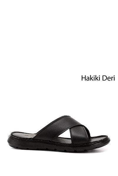 GÖNDERİ(R) Men's Black Cross-Strapped Genuine Leather Slippers