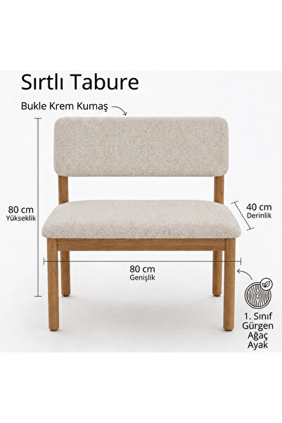 Paye Furni Nuu Minimal Sırtlı Bench 1. Sınıf Gürgen Ahşap ayak, Puf Bench Tab...
