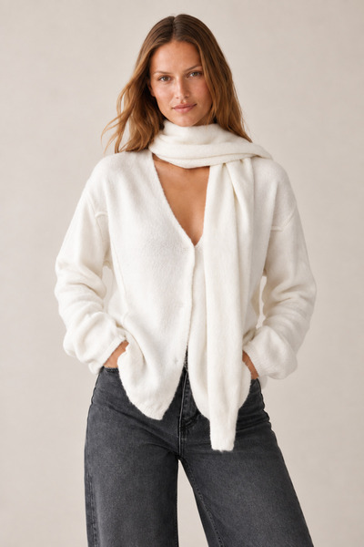 LOOSH Kadın Krem V Yaka Şal Detaylı Oversize Hırka