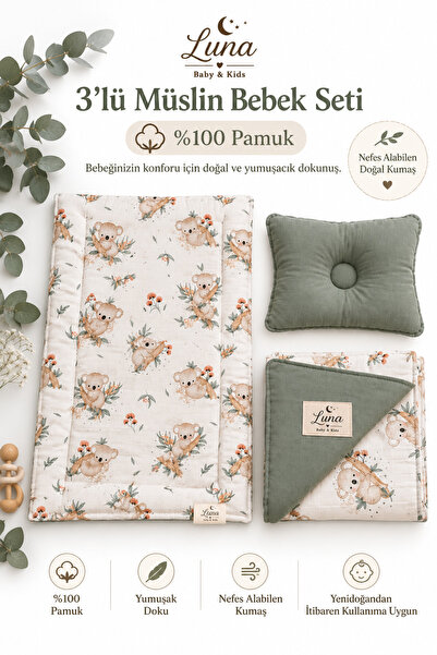 Luna Baby & Kids 3'lü %100 Pamuk Müslin Bebek Alt Açma Seti – Battaniye, Alt ...