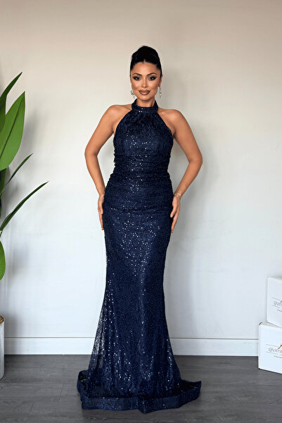 giyimmasalı Lace Fabric Stone Detailed Halter Neck Evening Dress - Dark Blue