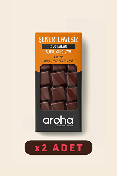 AROHA %50 Kakao Şeker Ilavesiz Sütlü Çikolata Stevialı 2'li Paket (80 G X 2 A...