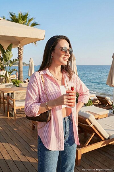 Lela Regular Fit Uzun Kollu Cepli Çizgili Gömlek Kadın GÖMLEK 6772895