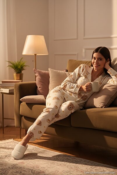 Lela Patterned Regular Fit Soft Textured Winter Comfortable Pajama Set Women'...