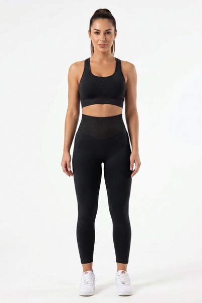 Womenmade Women's Black Seamless Push up Gathering Sports Leggings and Bustier Set - Yoga Pilates