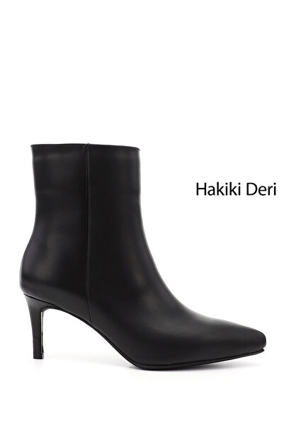 GÖNDERİ(R) Women's Black Platinum Zippered Thin Heeled Genuine Leather Boots