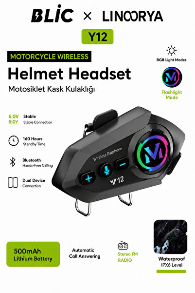 linarya BLIC Y12 Motosiklet Bluetooth Kask Kulaklığı IPX6 Suya Dayanıklı RGB ...