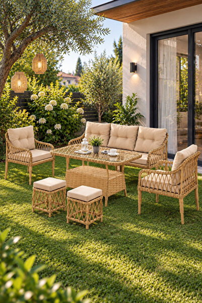 Evdemo Joy Rattan Puflu Bahçe Balkon Takımı 3+1+1+Camlı Masa Cappuccino