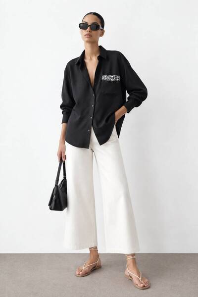 VERYMODA Cep Detaylı Keten Gömlek - Siyah | F1661