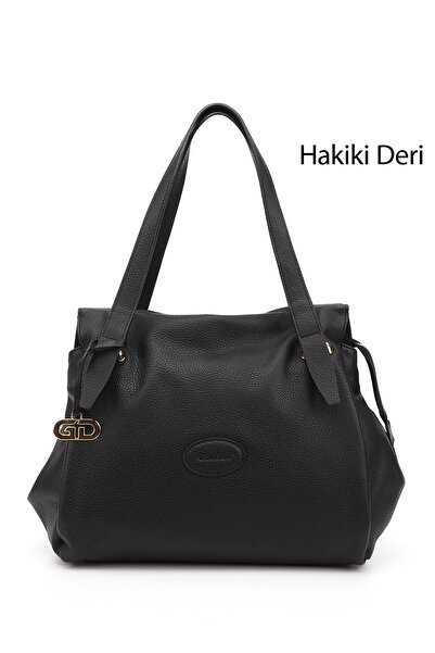 GÖNDERİ(R) BLACK FLOTER Gön Platinum Genuine Leather Large Size Women's Shoul...