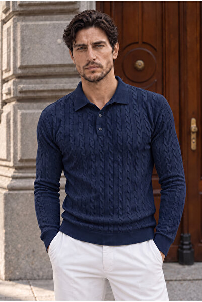 Valiberta Kieslowski Fine Knit Polo Collar Buttoned Men's Sweater - Navy Blue