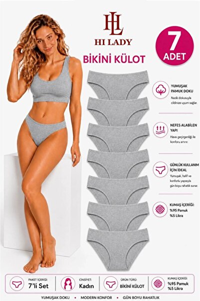 Hilady Kadın Külot 7'li Paket Gri, Yumuşak Kumaş, Bikini Kalıp Kadın Külot