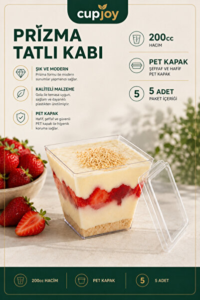 CupJoy Tatlı Kabı 200cc Kapaklı 5 Adet Şeffaf Plastik Sunum Kabı İsim Etiketi...