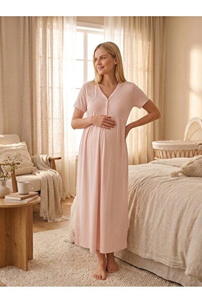 Lady Lingerie طقم قميص نوم وروب للحوامل والمرضعات من قطعتين |   قميص نوم طويل بأزرار أمامية |   خليط القطن والفيسكوز |   صنع في تركيا