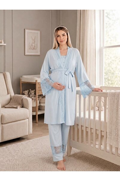 Generic 3-Piece Maternity & Nursing Pajama Set with Lace Robe - Short Sleeve ...