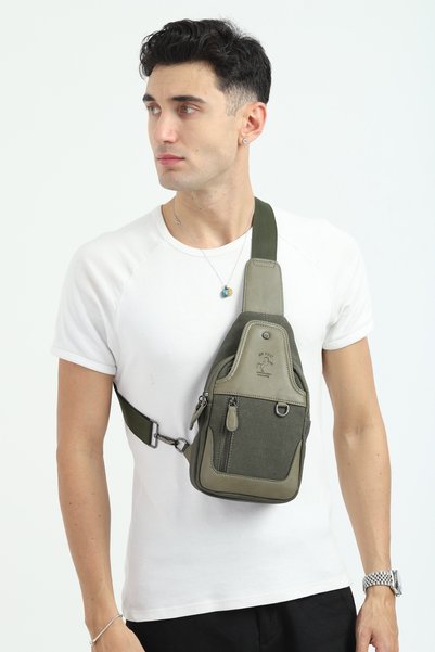 en deri Khaki Canvas Shoulder Bag - Crossbody Bag with Magnetic Compartment and Strap