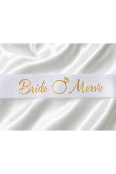 EvremStore Bride Kuşağı Kişiye Özel İsimli Beyaz Üzeri Gold Baskılı Bekarlığa...