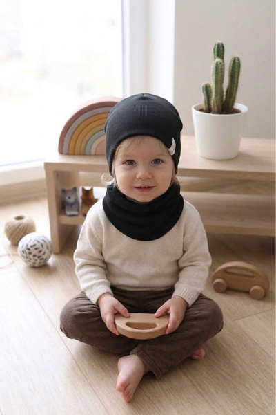 Doğan Collection Siyah Ribana Bere Boyunluk Set