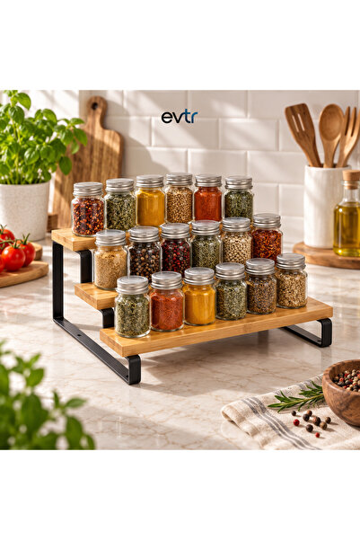 EVTR 3 BASAMAKLI AHŞAP & BAMBU TEZGAH ÜSTÜ BAHARATLIK & DÜZENLEYİCİ STAND ( 3...
