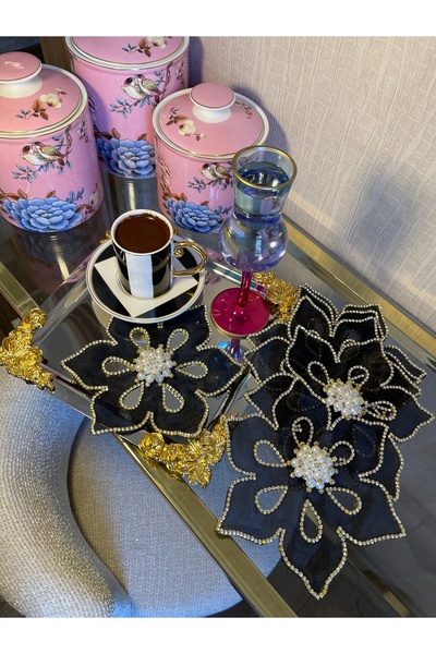Rose Siyah Lotus Taşlı Peçetesi 6 lı Set
