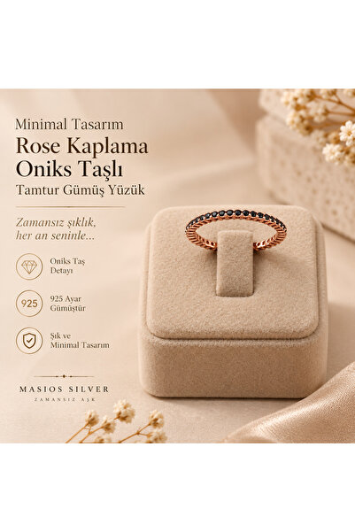 Masios Silver Minimal Tasarım Rose Kaplama Tamtur Yüzük (Turkuaz + Siyah)