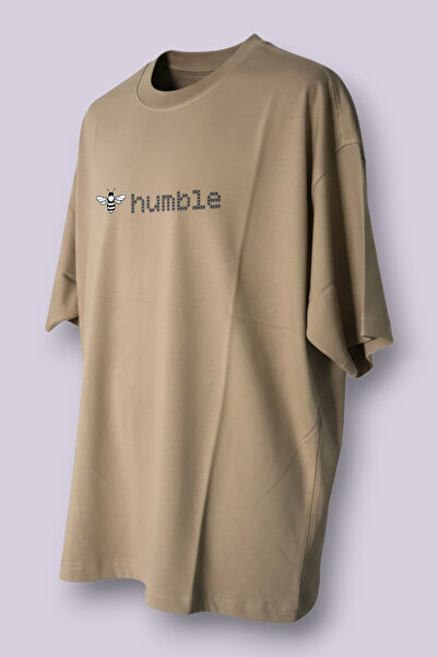 Oversize Tişört 'Be Humble' Arı Baskılı Ribana Yakalı Unisex %100 Pamuk