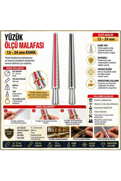 Torna Türk Tornatürk Yüzük Ölçü Malafası Alüminyum Konik Ölçü Aparatı 13-24 Mm