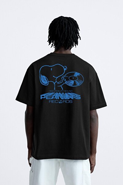 Gisha Crew Neck Peanuts Records Printed Oversize Black Men's T-Shirt