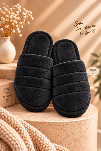 star shoes Μαύρες βελούδινες γυναικείες παντόφλες σπιτιών