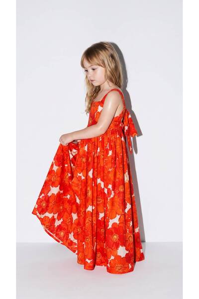 ZeZe Kid Girl's Orange Colorful Patterned Strappy Cotton Long Dress