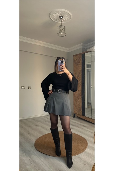 Butik Yüksek Bel Pileli Şort Etek – Gri