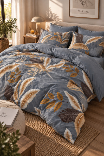 DüşEvi Double Patterned Duvet Cover Set, King Size, Cotton Fabric, Reversible