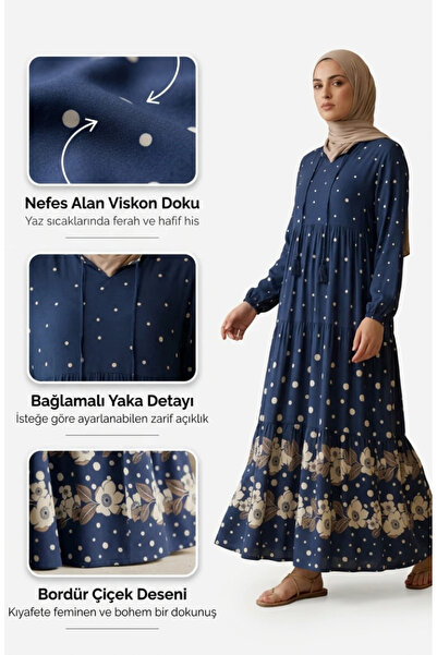 sefamerve Viscose Fabric Polka Dot Layered Dress 5587-05 Indigo
