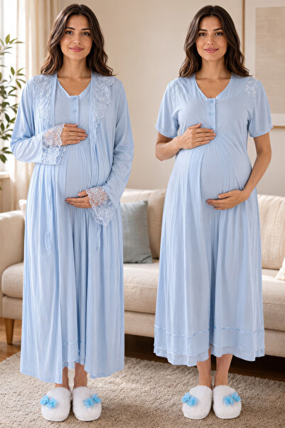 ByLohusa Cotton Short Sleeve Maternity Nightgown Set Effortt - Blue