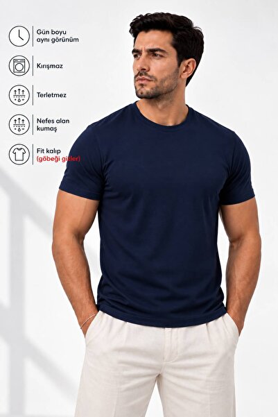 Erkek Lacivert Premium Modal Kumaş Bisiklet Yaka Comfort Fit Düz T-Shirt