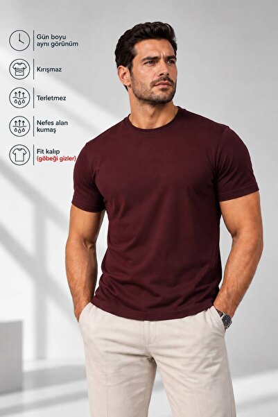 Farne Erkek Bordo Premium Modal Kumaş Bisiklet Yaka Comfort Fit Düz T-Shirt