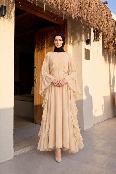 bellura Fırfırlı Asimetrik Kesim Bağcıklı İçlikli Şifon Elbise Abaya Takım