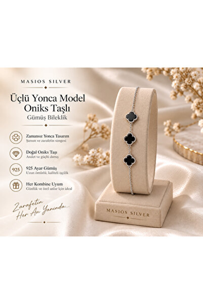 Masios Silver Üçlü Yonca Model Oniks Taşlı 925 Ayar Gümüş Bileklik (Rodyum Ka...