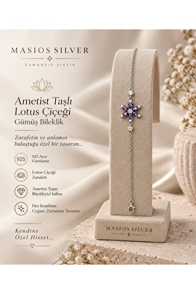 Masios Silver 925 Ayar Gümüş Ametist Taşlı Lotus Çiçeği Model Kadın Bileklik(...
