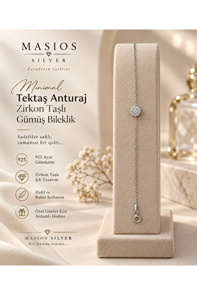 Masios Silver Minimal Tektaş Anturaj Zirkon Taşlı 925 Ayar Gümüş Bileklik (Ro...