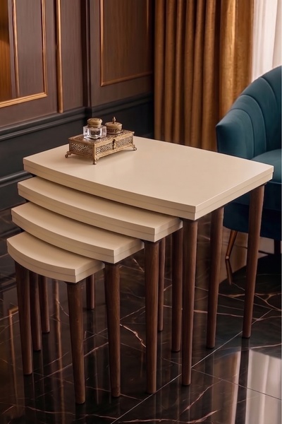 brahimigold Modern Tasarımlı MDF 4’lü Krem Zigon Sehpa Takımı – Ahşap Ayaklı, Dayanıklı Salon Yan Sehpa