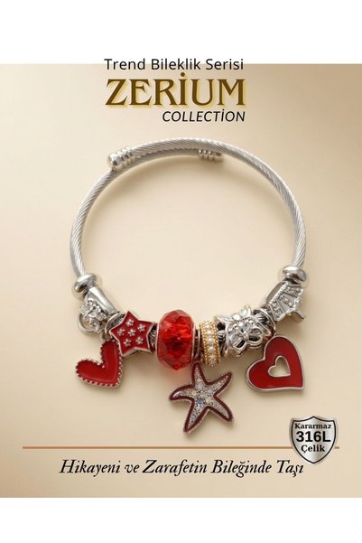 ZERİUM Trend Steel Stylish Women's Charm Steel Bracelet with Red Heart and Star Figures