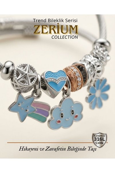 ZERİUM Trend Steel Stylish Women's Charm Steel Bracelet Blue Cloud Shooting Star and Flower