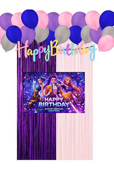 HAPPYLOOPPARTY Kpop K-Pop Demon Hunters Birthday Curtain & Happy Birthday Ban...
