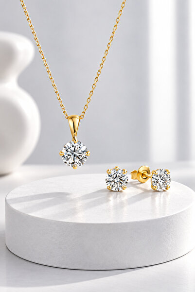 jelux silver Gümüş 925 Ayar 6*6 Mm Premium Star Kesim Zirkon Taşlı İkili Set