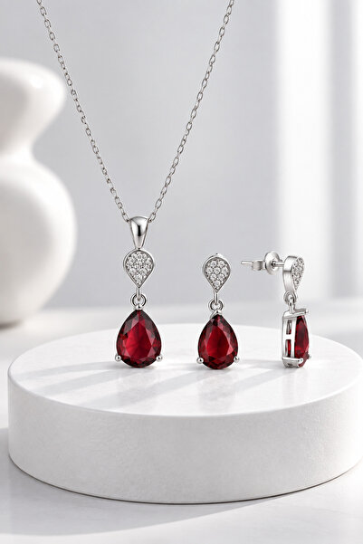 jelux silver Gümüş 925 Ayar Yakut Zirkon Taşlı Pırlanta Montür Damla İkili Set
