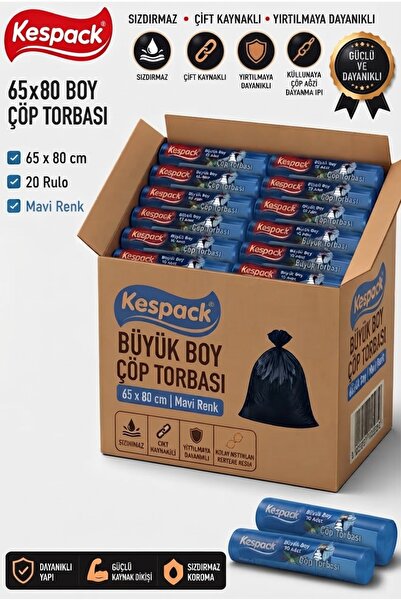 KESPACK Çöp Poşeti 65x80 Büyük Boy Mavi Renk Çöp Torbası 20 Rulo